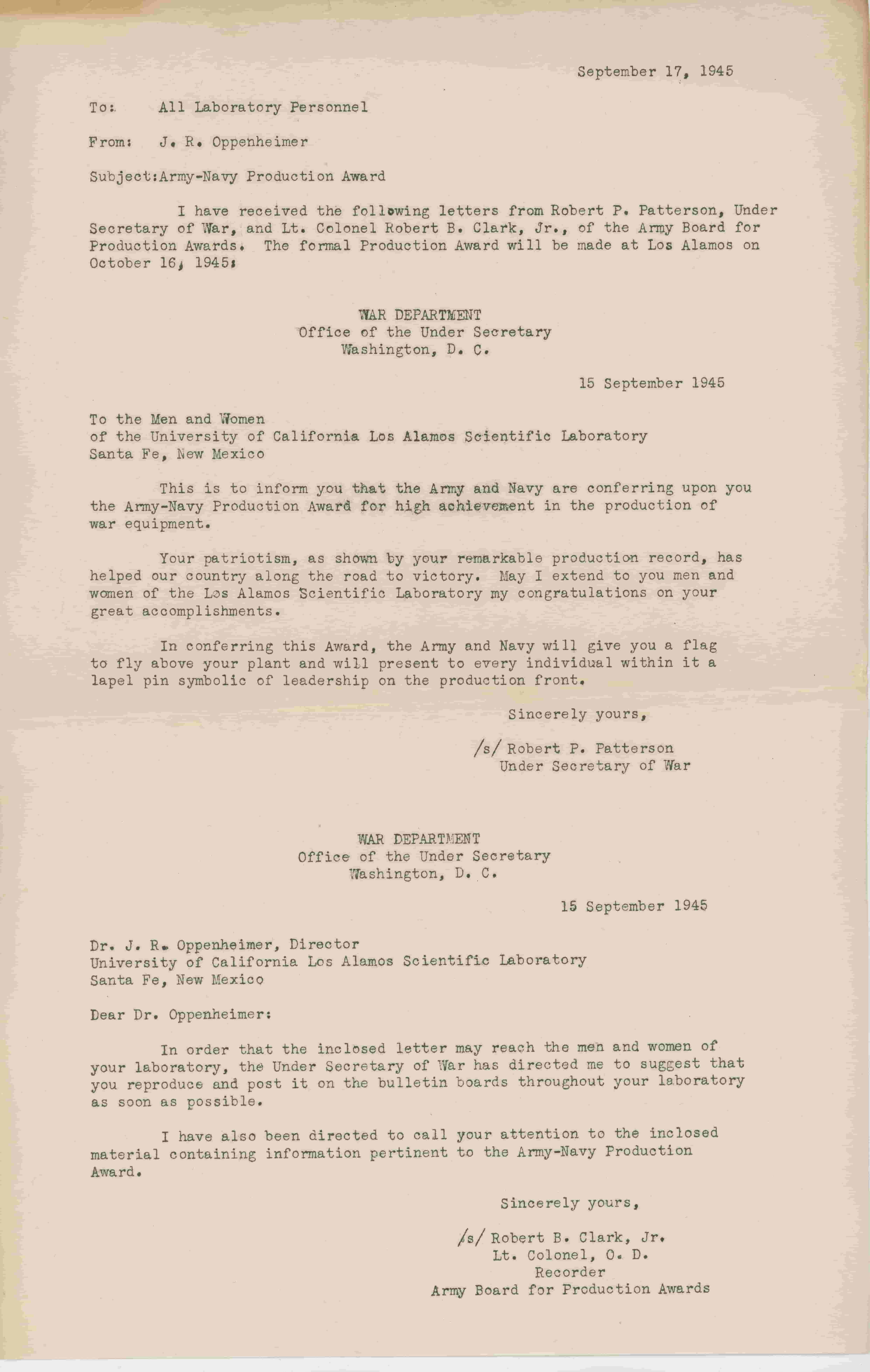 A September 17, 1945 memo from Lab Director J. Robert Oppenheimer to all Lab staff
