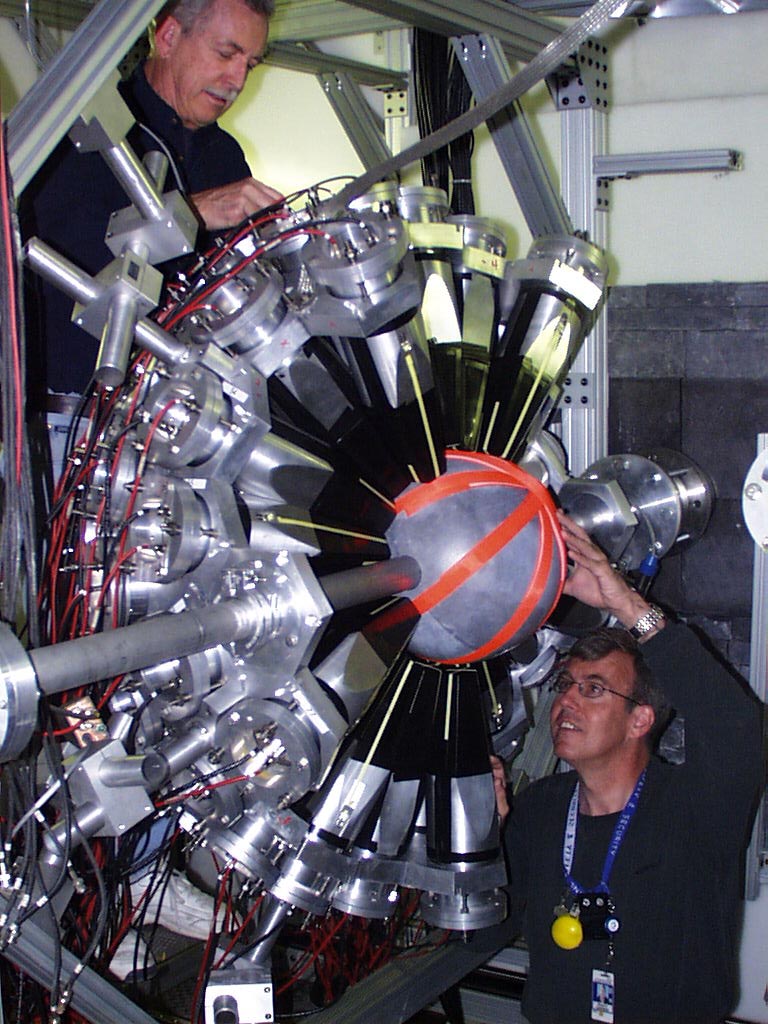 Inside of the DANCE ball. The large gray sphere in the center is a 6LiH neutron absorber.