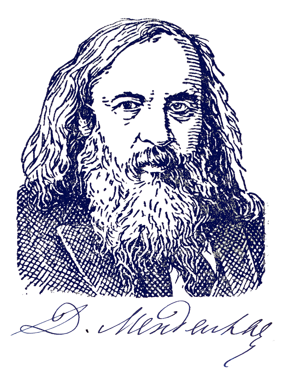 Illustrated portrait of Dmitri Mendeleev with his signature.