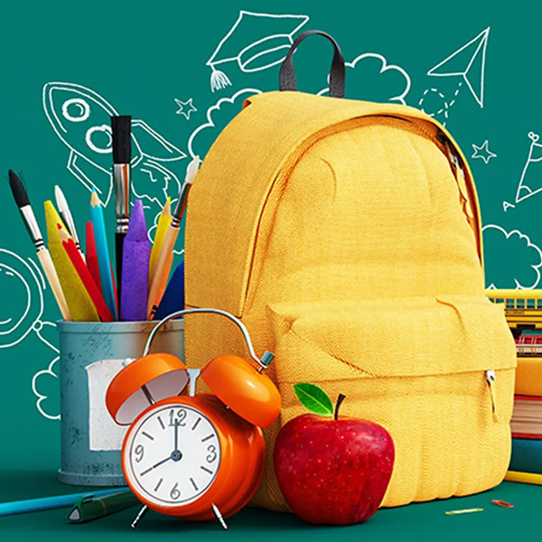 yellow backpack with clock, apple, pencils nearby