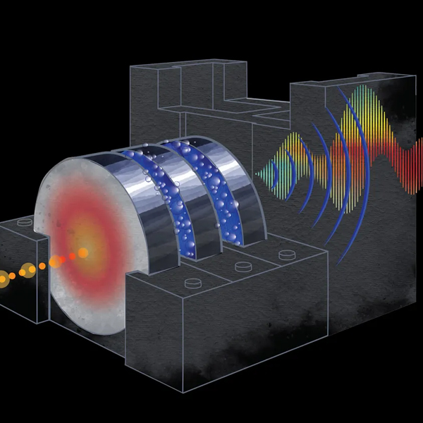 A schematic of a proton beam hitting isotope production targets