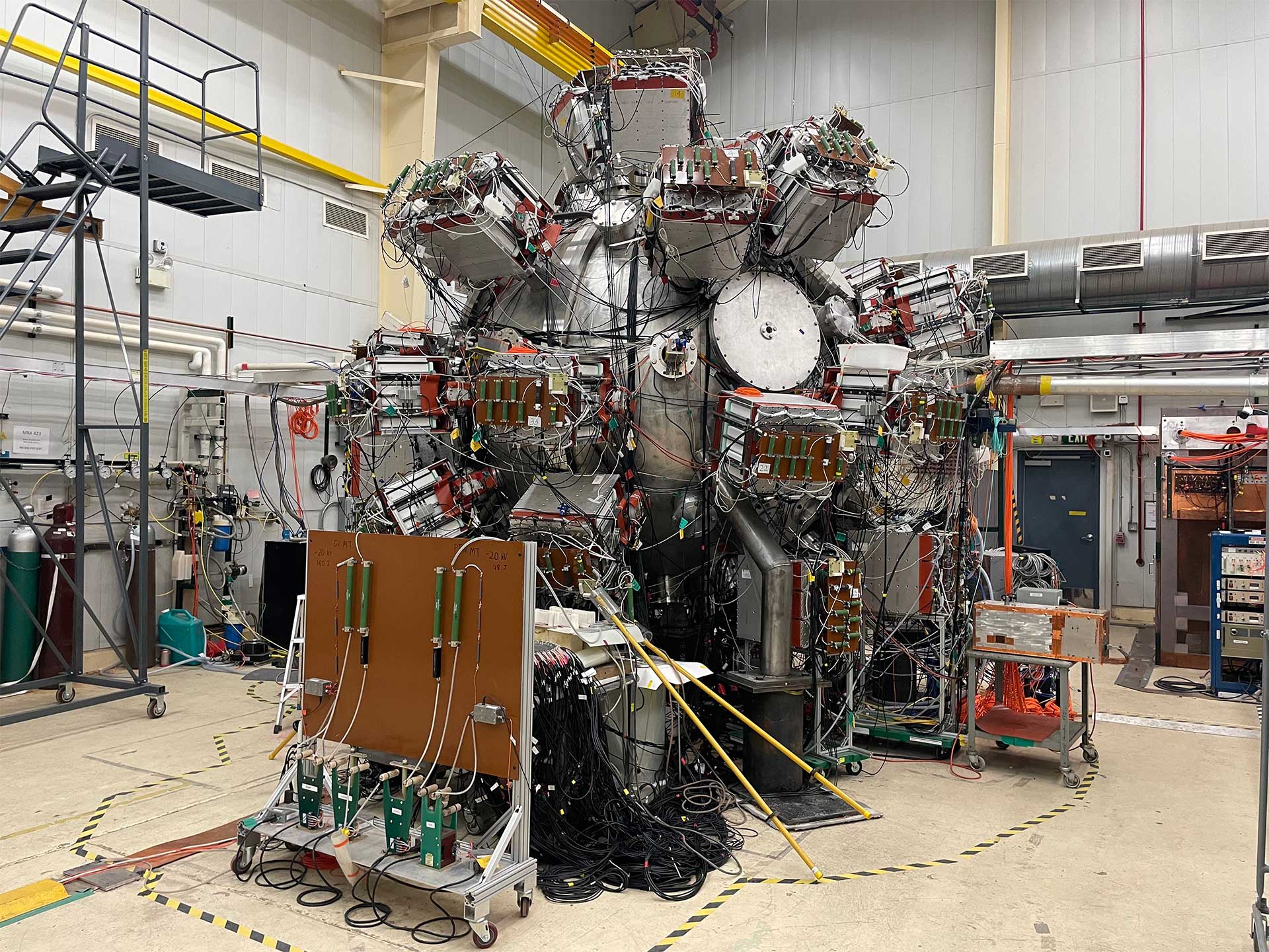 PLX forms imploding plasma liners using a spherically symmetric array of 36 plasma guns, shown here fully assembled at LANL.