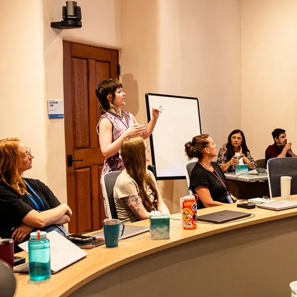 Sara Mason, standing, talks to volunteer data scientists