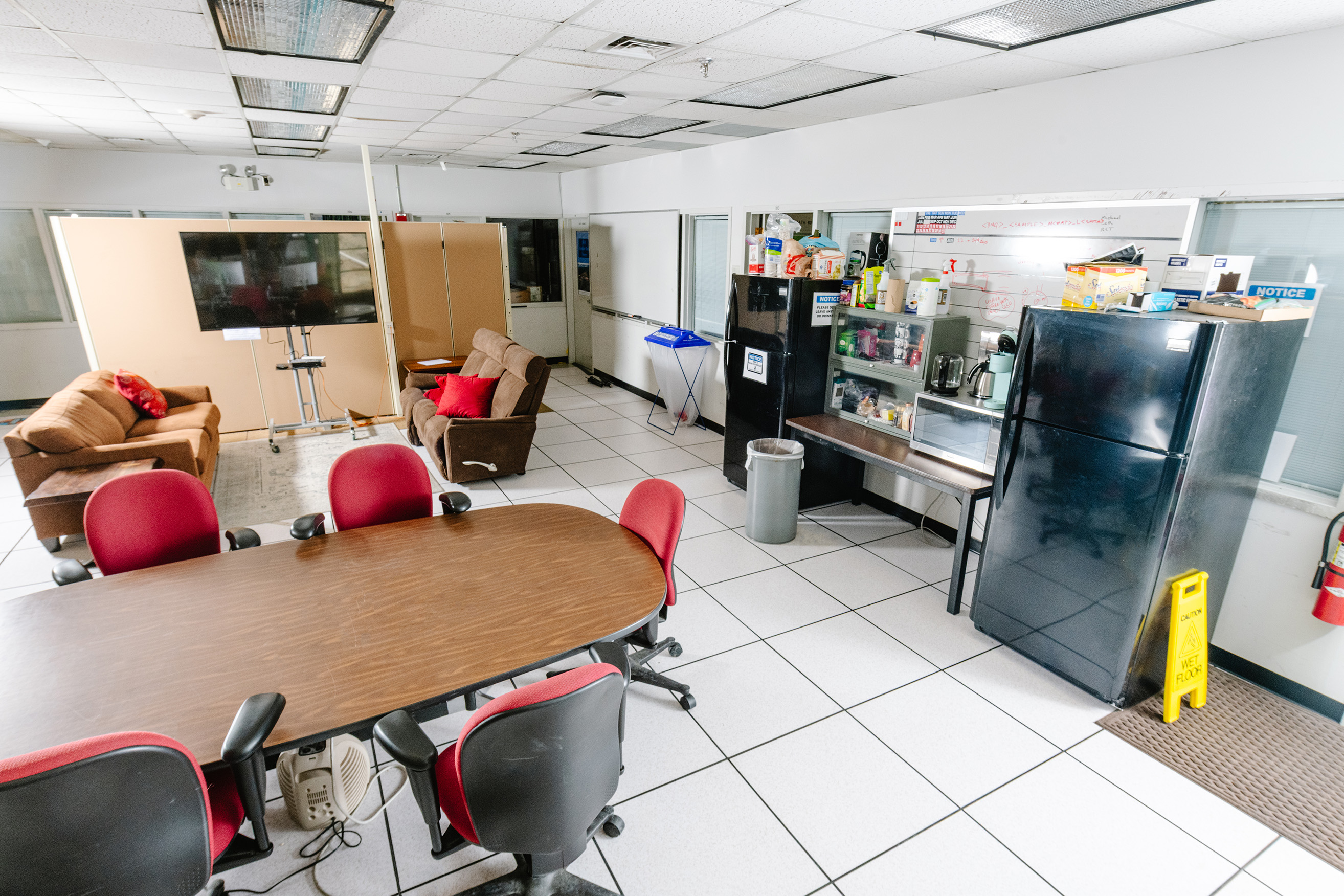 The lounge area at the Radiation Effects control room.